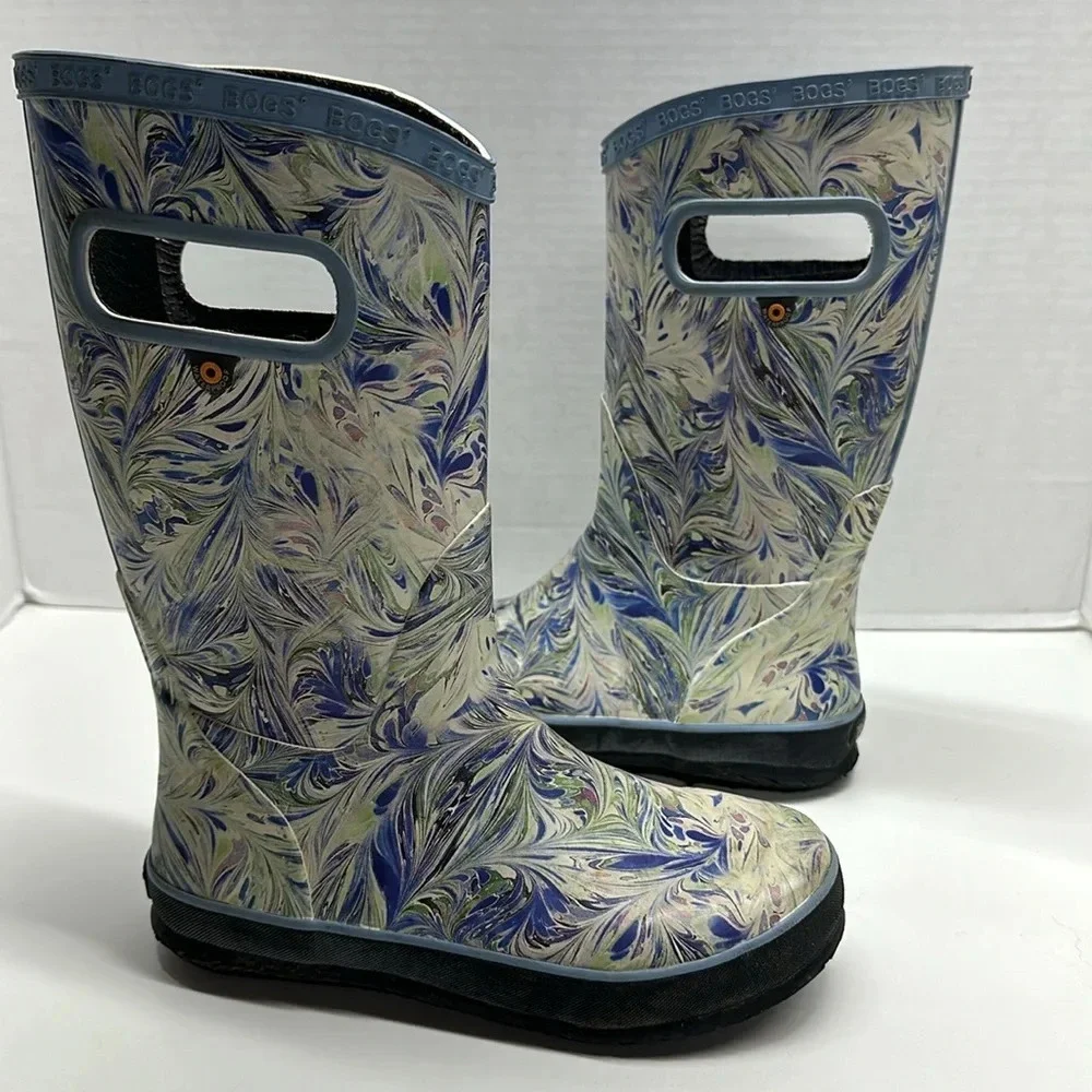 Bogs Rain Boots Waterproof Pull On Marble Swirl Blue White Youth Kids Size 2